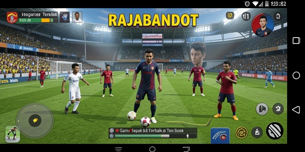 Tangkapan layar gameplay RAJABANDOT dengan aksi sepak bola seru.